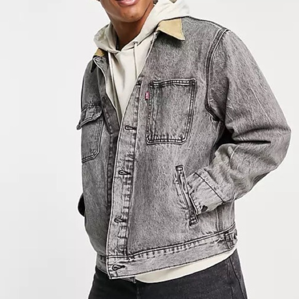 Levi's Washed Black Denim Trucker Jacket with Tan Collar